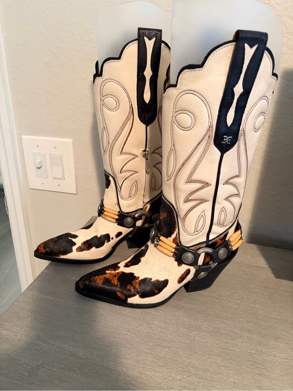 Sam Edelman Two-Tone Black and Cream Western Cowhide Harness Boots